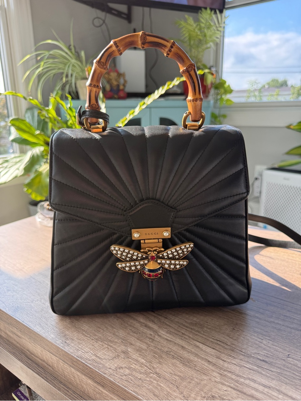Gucci Black Quilted Leather Top-Handle Bag with Bamboo Handle and Jeweled Bee